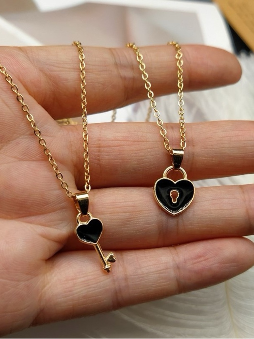 Gold & Black Heart Lock and Key Necklace Set - Women Jewelry